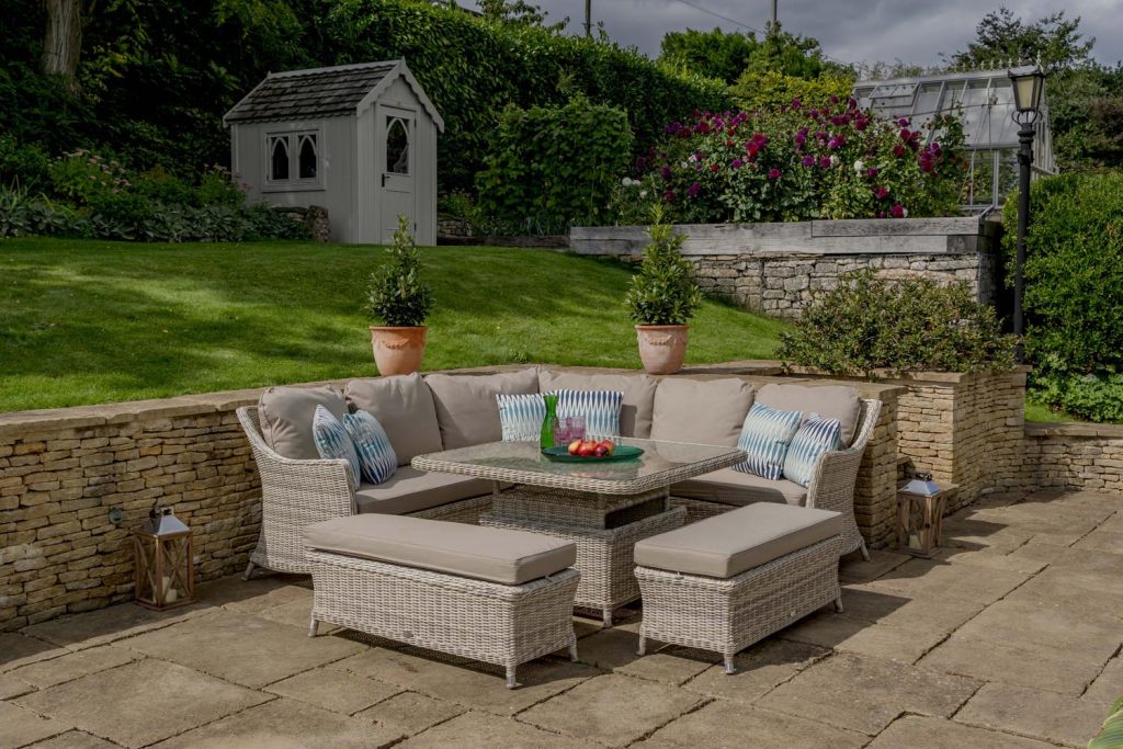 bramblecrest ascot modular sofa with square glass top adjustable table with 2 benches dining table height X19WASSQCDS4J 1l