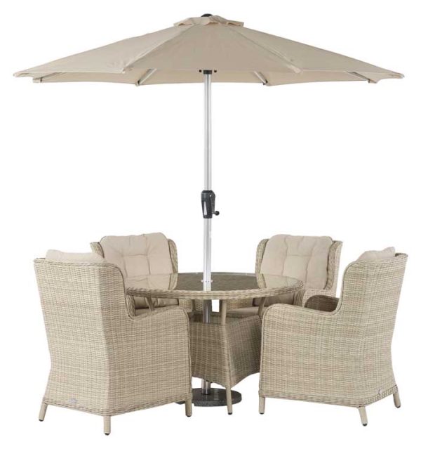 bramblecrest chedworth 120cm table with 4 high back armchairs and parasol sandstone X21WCW120RD1 6