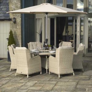 bramblecrest chedworth 140cm round table 60cm lazy susan 6 high back armchairs and parasol sandstone X20WCW140RD1 1