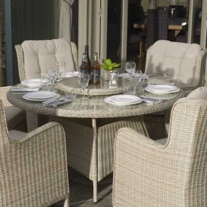bramblecrest chedworth 140cm round table 60cm lazy susan 6 high back armchairs and parasol sandstone X20WCW140RD1 5
