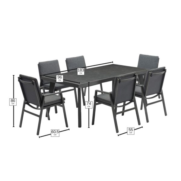 bramblecrest amsterdam 183x96cm rectangle table with 6 chairs parasol and base X23MD183RT1 dimensions 1