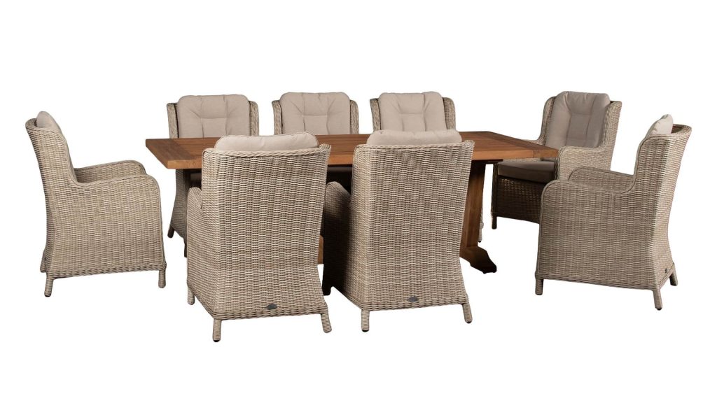 bramblecrest kuta 240cm rectangle table with 8 chedworth dining chairs sandstone X20TKU240RT9 studio 1