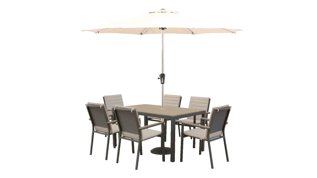 bramblecrest zurich 164 x 95cm rectangle tree free table with 6 chairs & parasol eco fawn X23AZR164RT1 studio 1