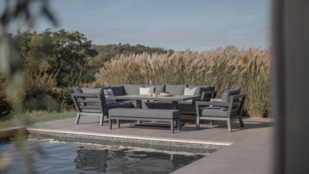 bramblecrest san marino modular l Shape sofa with rectangle piston ceramic table bench & chair X24ASMRTCDTJ lifestyle 1