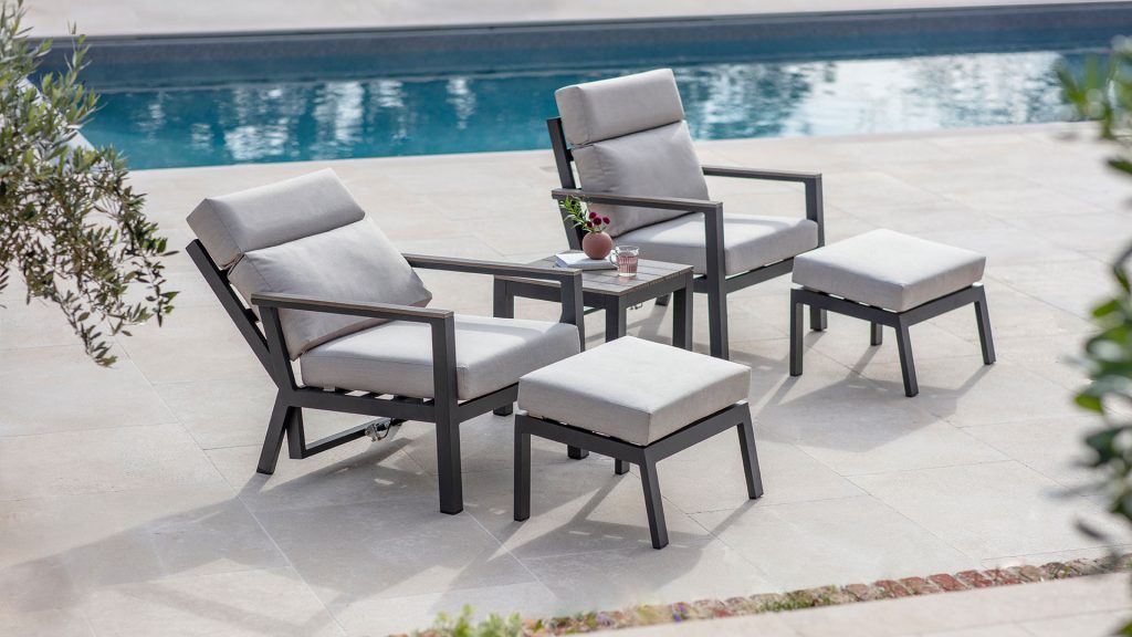 bramblecrest zurich 2 reclining sofa chairs with footstools & tree free high coffee table eco fawn AZRSCS1R lifestyle 1