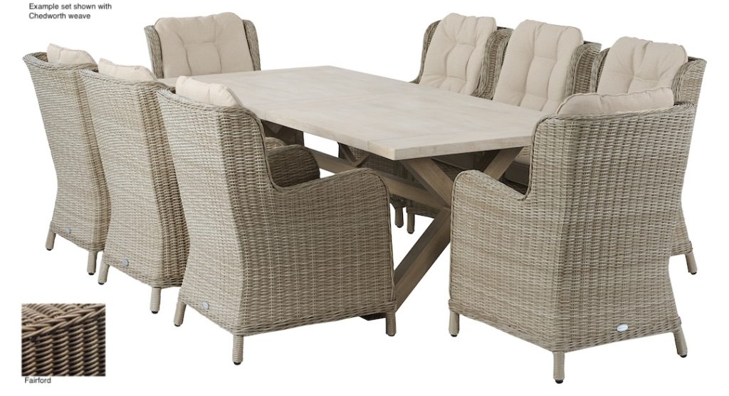 EXAMPLE ONLY Fairford Ceramic Rectangle Table with 8 Rattan Armchairs SAMPLE
