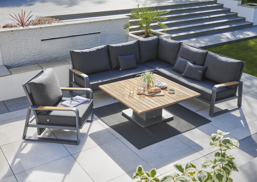 Life Outdoor Living Montana Lounge Corner Set with Armchair & Luka Adjustable Table Lava/ Soltex Graphite