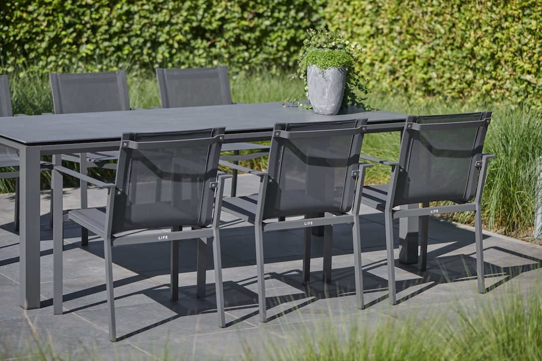 Life Outdoor Living Concept Dining Table & 6 Primavera Stackable Dining Chairs Lava / Carbon - Image 2