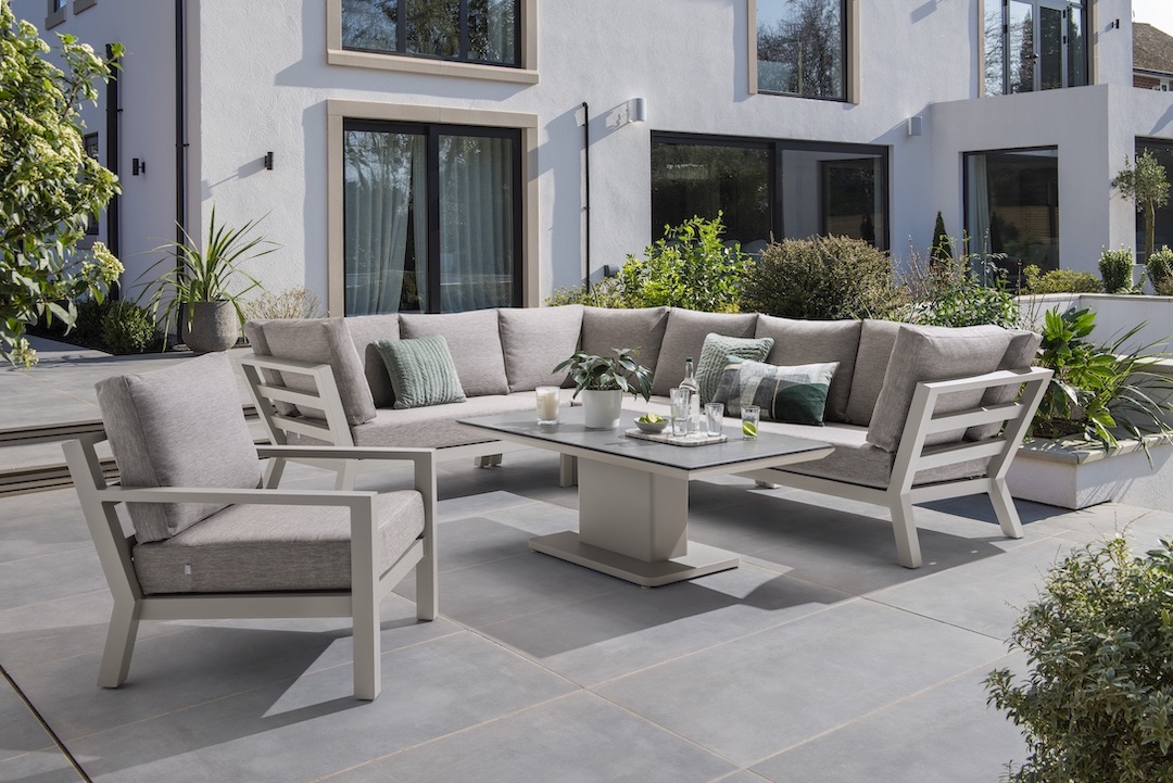 Life Outdoor Living Timber High Arm Corner Lounge Set With Armchair & Adjustable Table Beige/Soltex Beige